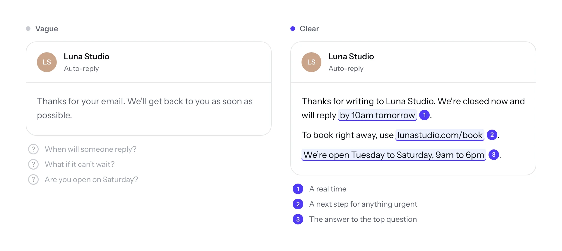 Two auto-replies from a salon. The vague one says only that they'll get back as soon as possible, leaving questions open. The clear one gives a reply time of 10am tomorrow, a booking link and the opening hours, each marked.