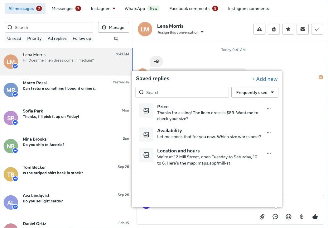 Saved replies open in the Meta Business Suite inbox: Price, Availability, and Location and hours, each with a ready answer, next to a customer asking whether a linen dress comes in medium.
