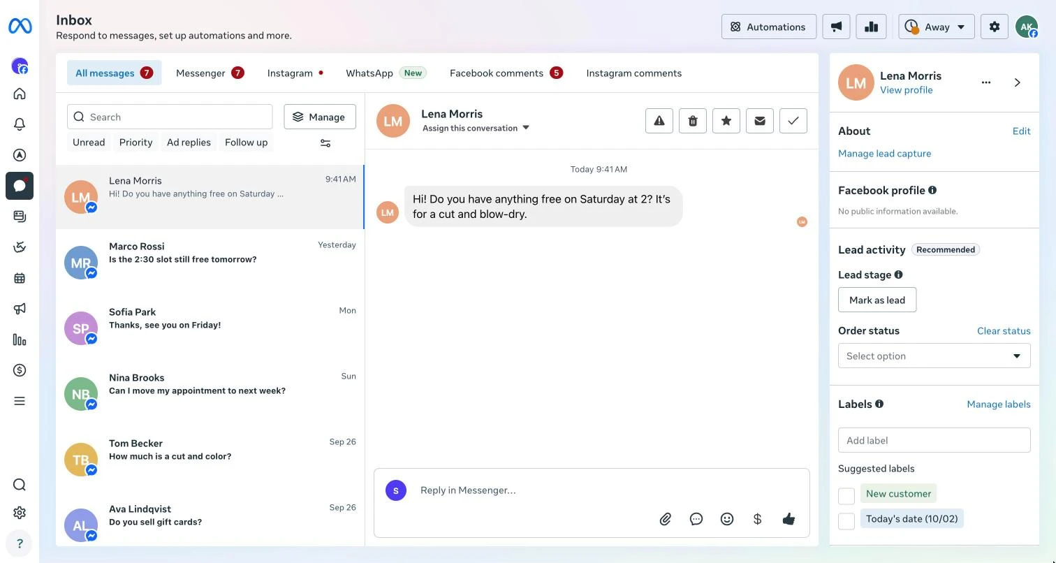 The Meta Business Suite inbox: a list of Messenger conversations from salon clients, an open conversation asking about a Saturday appointment at 2, and the contact panel with lead stage and labels.