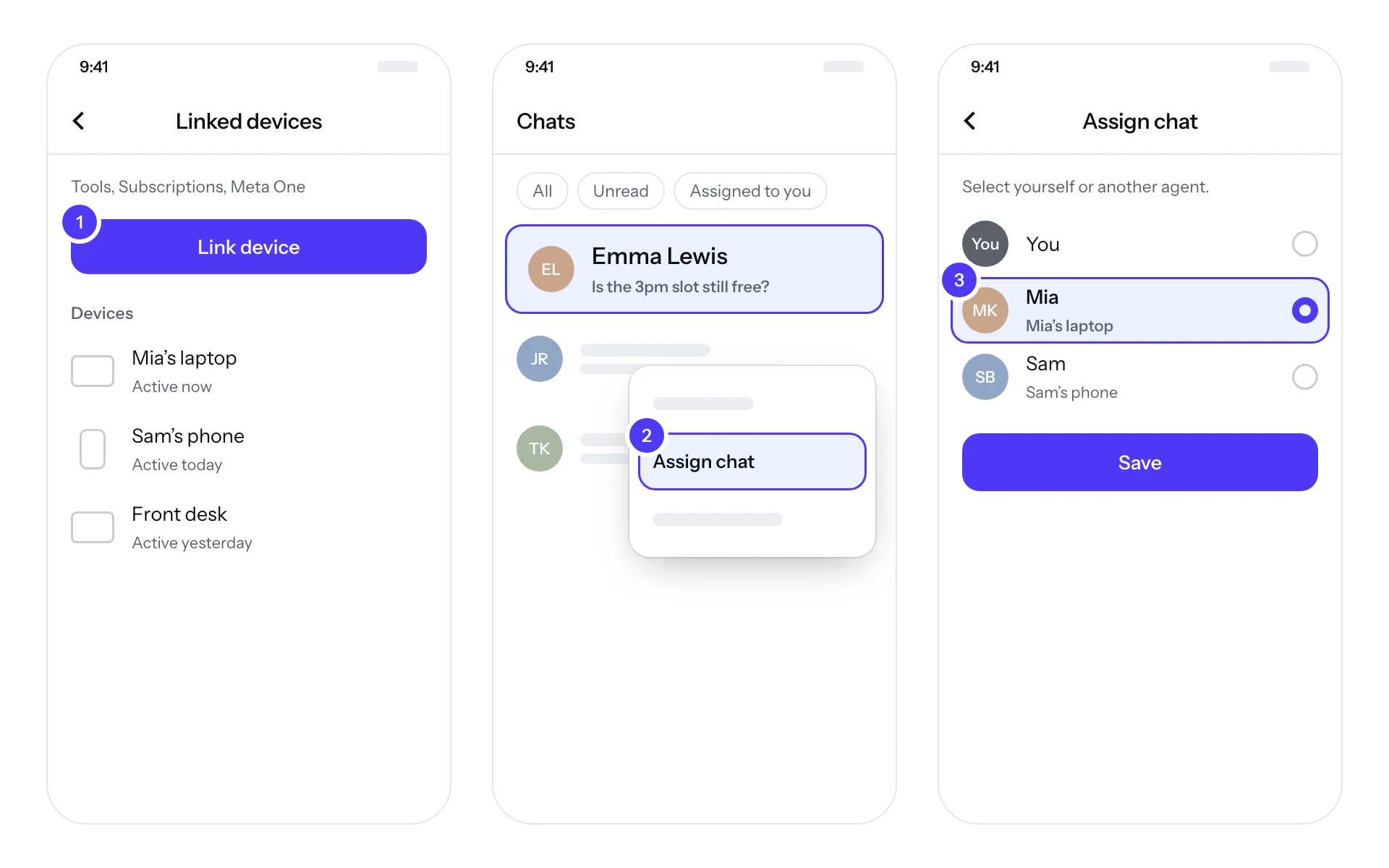 Diagram of three WhatsApp Business app screens: Linked devices with the Link device button and devices named after agents, the Chats tab with an Assigned to you filter and the Assign chat option, and the Assign chat screen with a teammate selected.